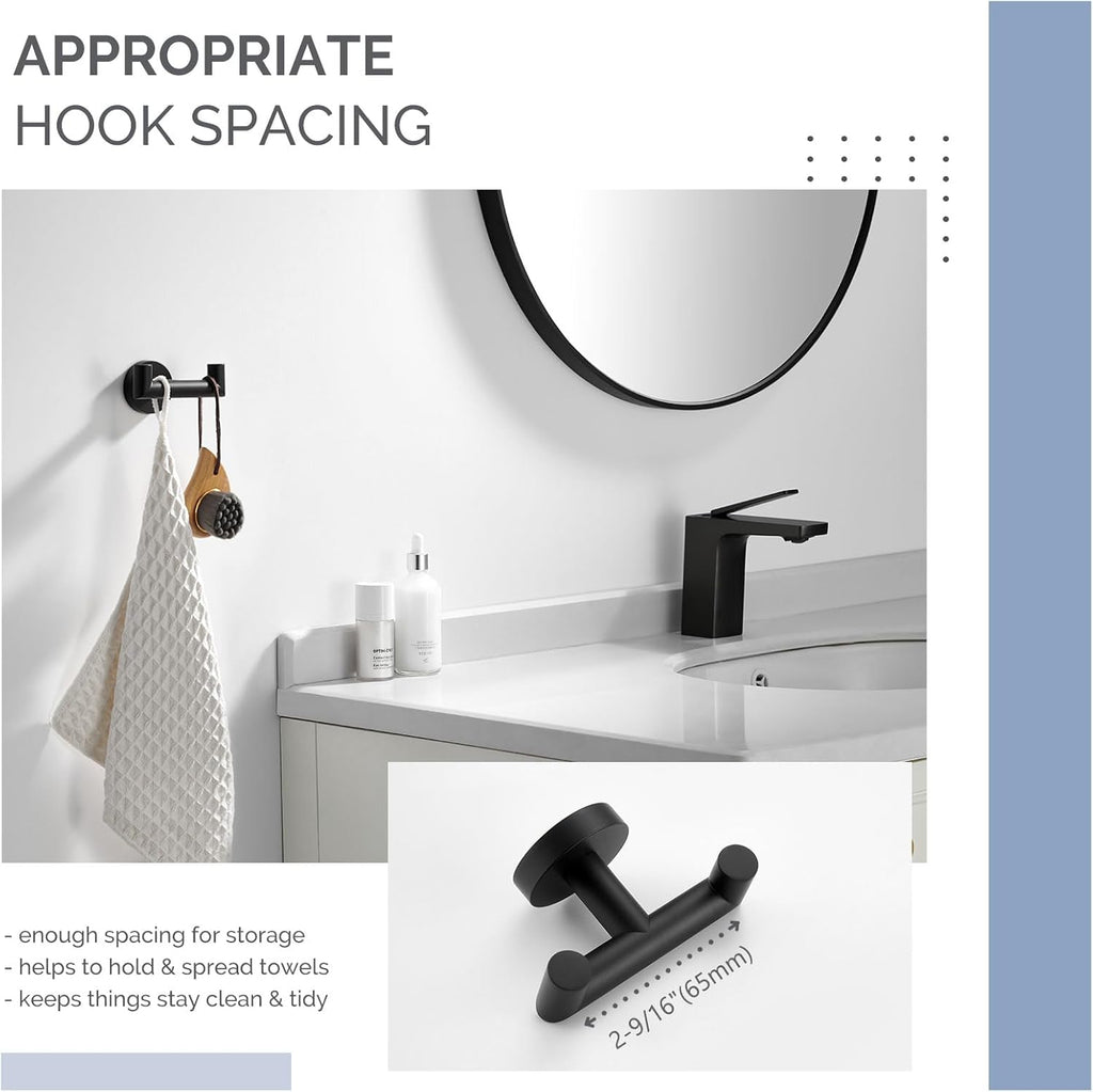 Double Towel Hook for Bathroom, Robe Coat Hook, Matte Black | Solid Rustproof SUS304 Stainless Steel, Bath Hand Towel