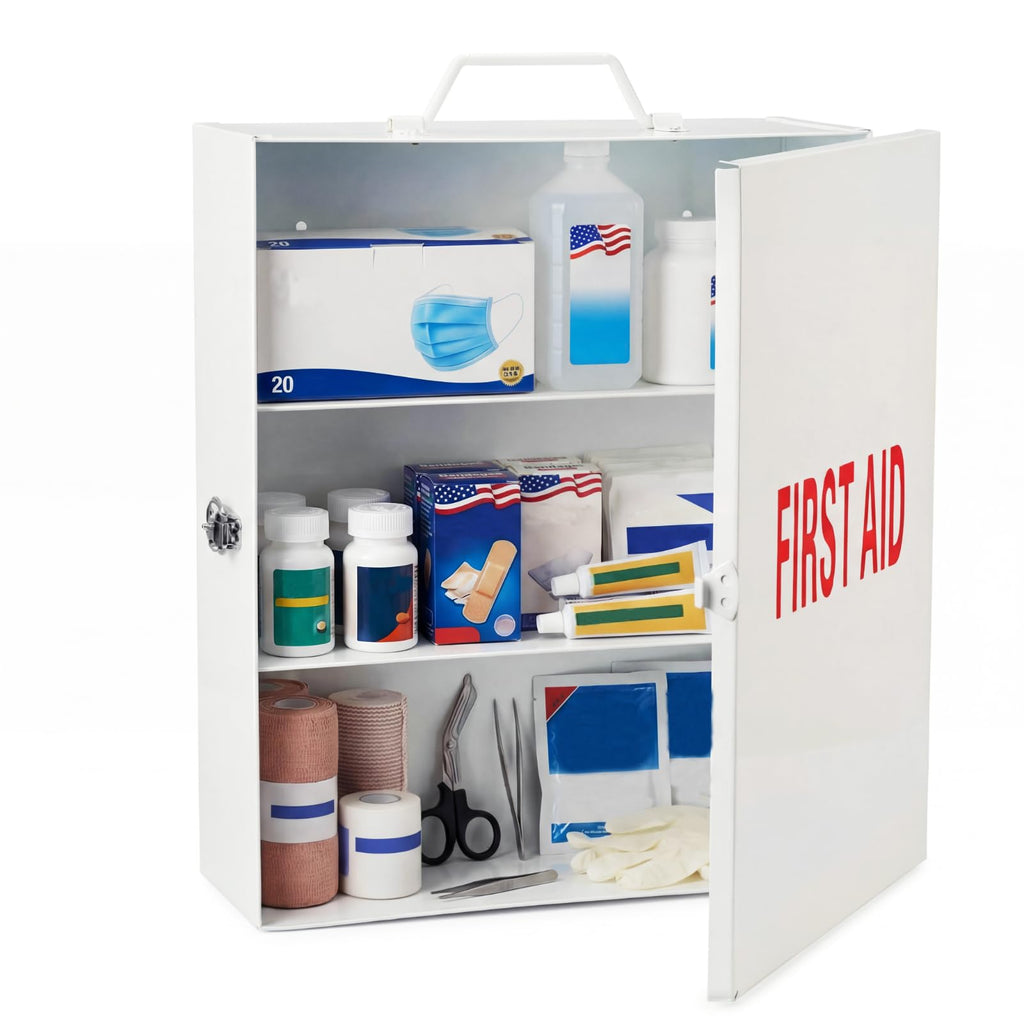 First Aid Kit with Lock 3 Shelf Wall Mount Medicine Cabinet White