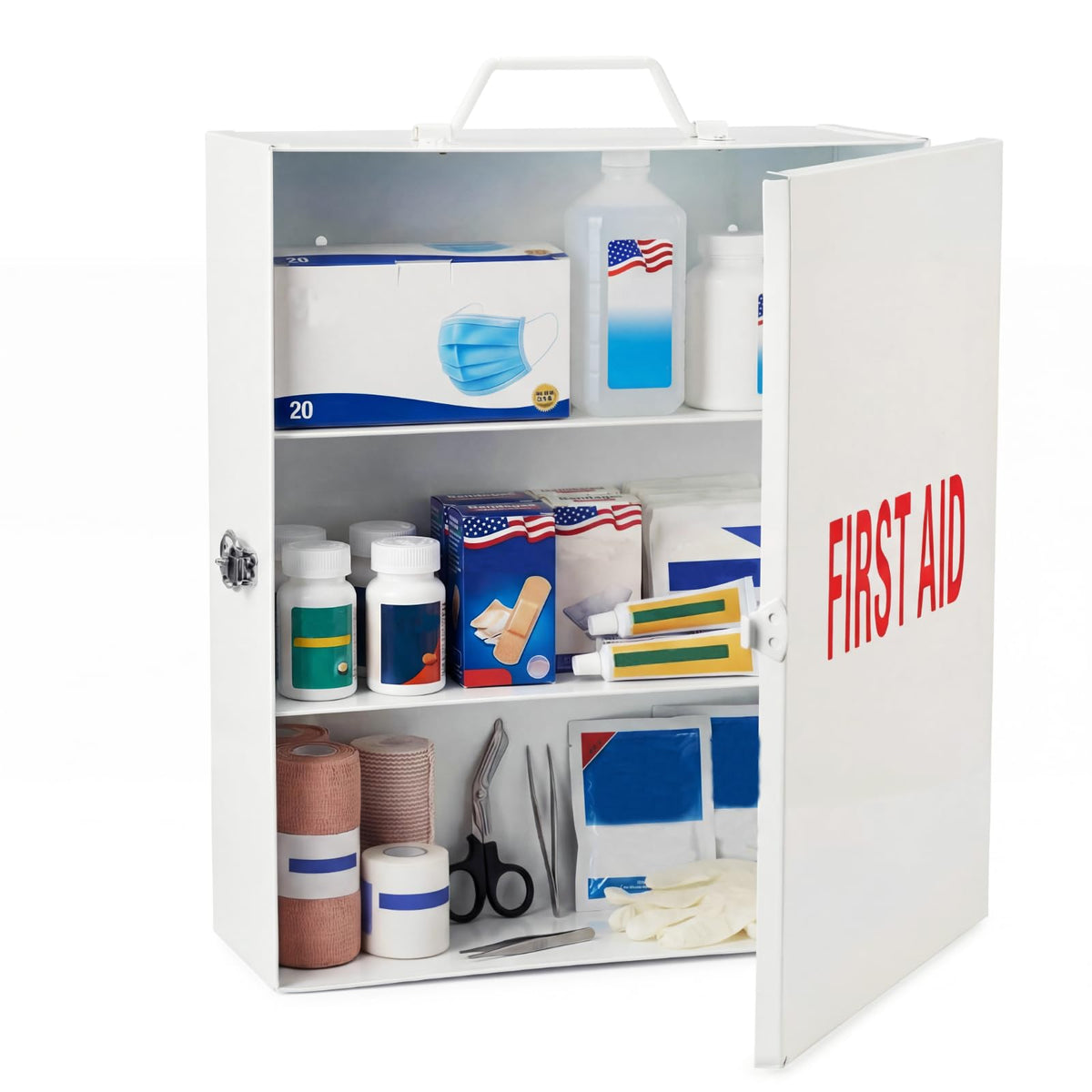 First Aid Kit with Lock 3 Shelf Wall Mount Medicine Cabinet White