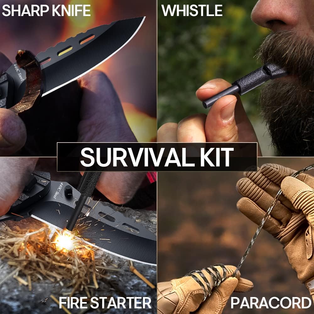 Pocket Knife with 3.74" Sharp Blade, Fire Starter, Whistle & Paracord Handle, Liner Lock - Multifunctional Folding