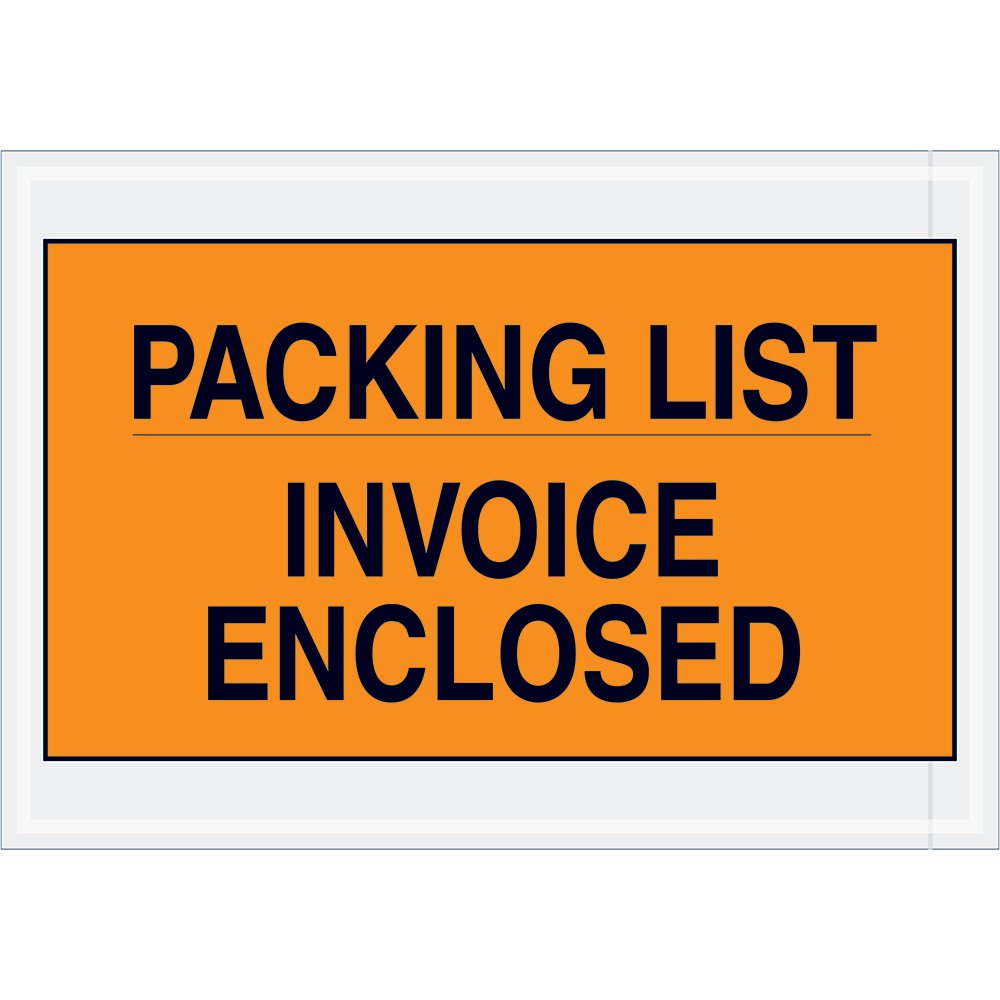 Orange Adhesive Side Loading Packing List Document Envelopes "Packing List/Invoice Enclosed", 7" x 10" for Attaching