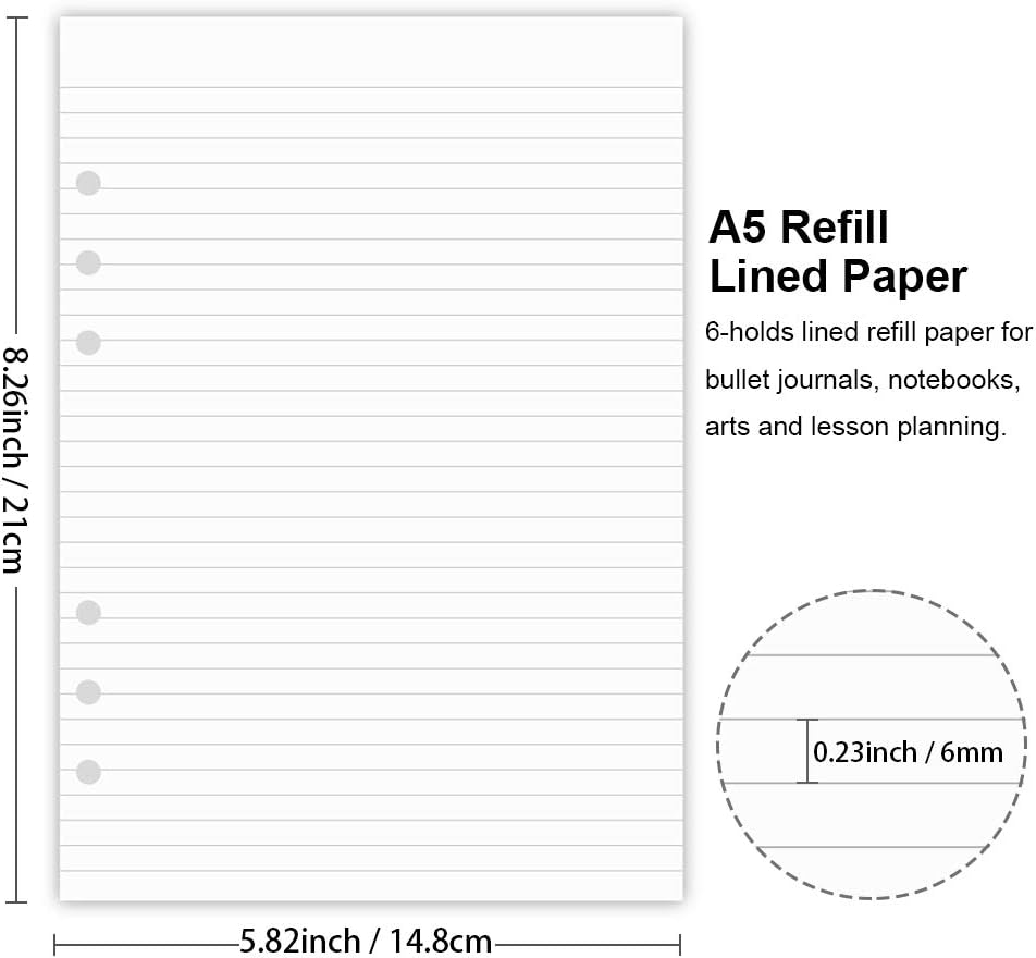 A5 Lined Paper, Refills for Filofax Planner, Organizer, Binders, 6 Hole Punched, 100 Sheets/200 Pages, 100gsm, White