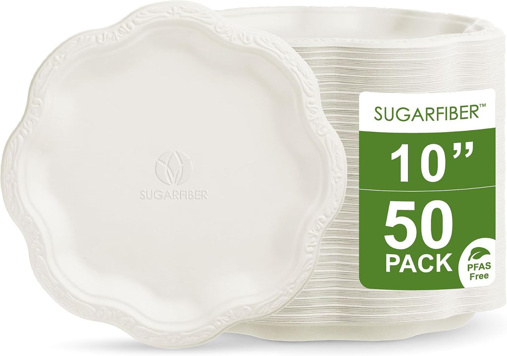 10 inch Elegant Compostable Paper Plates White Floral Acanthus Scalloped