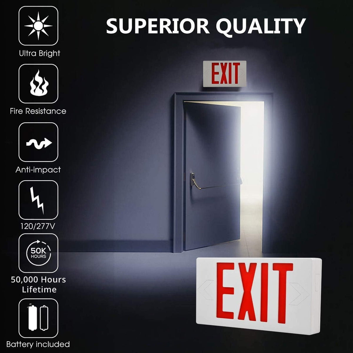 Ultra Slim LED Exit Sign, Red Letter Emergency exit Lights, 120V-277V Universal Mounting Double Face (2-Pack)