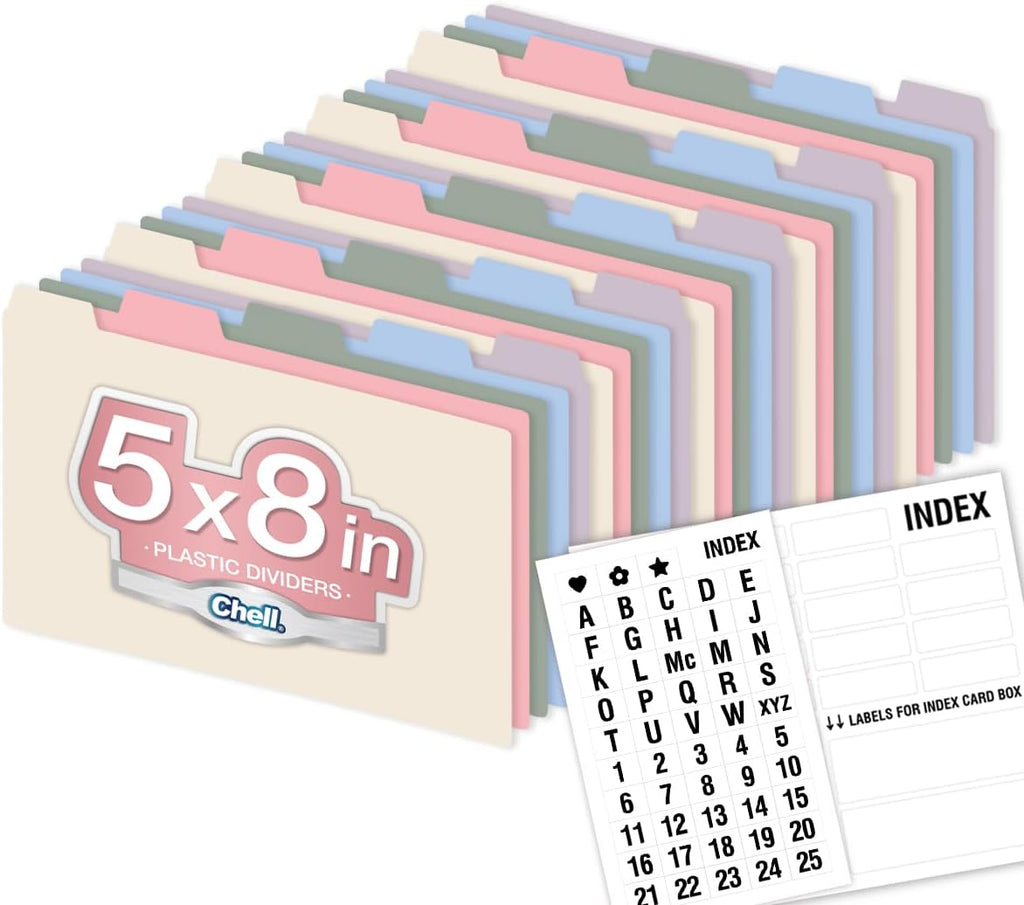 5"x8" Plastic Index Card Dividers, Pastel Colors, 25 Pack | Heavyweight, A-Z, Made of Polypropylene, Alphabetical