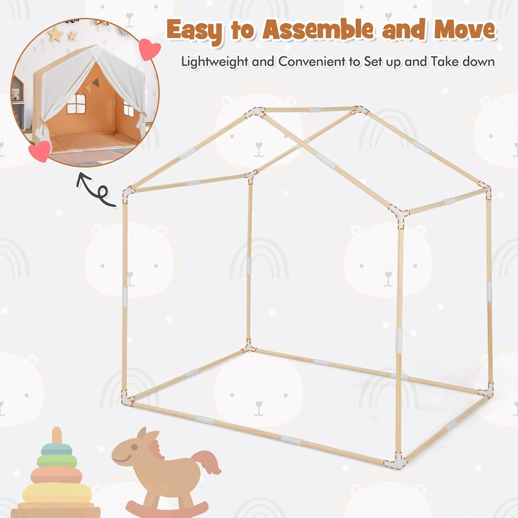 Large Kids Tent with Mat, Children's Play Tent w/Flag Banner, Windows, Gauze Curtain, Solid Wood Frame, Indoor
