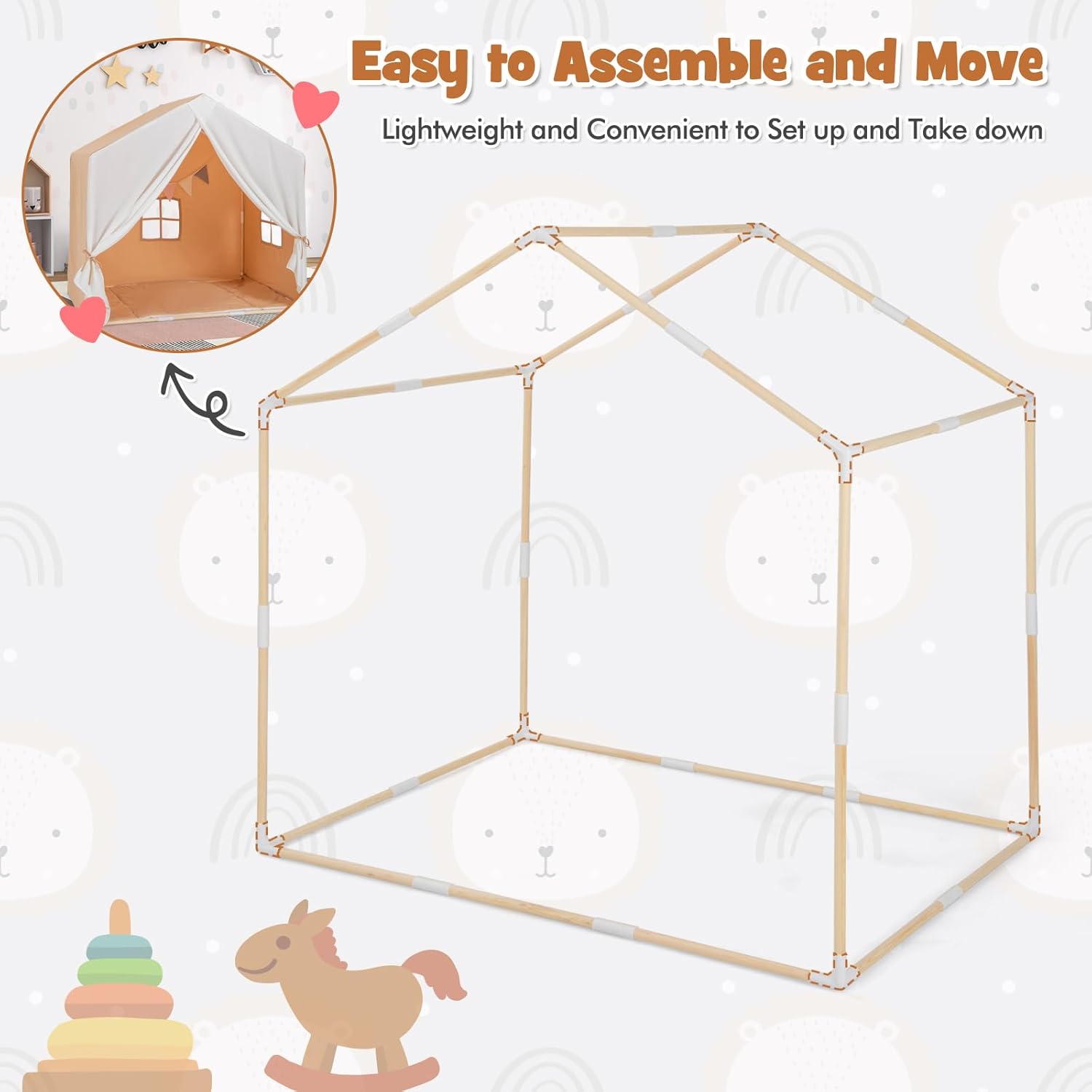 Large Kids Tent with Mat, Children's Play Tent w/Flag Banner, Windows, Gauze Curtain, Solid Wood Frame, Indoor