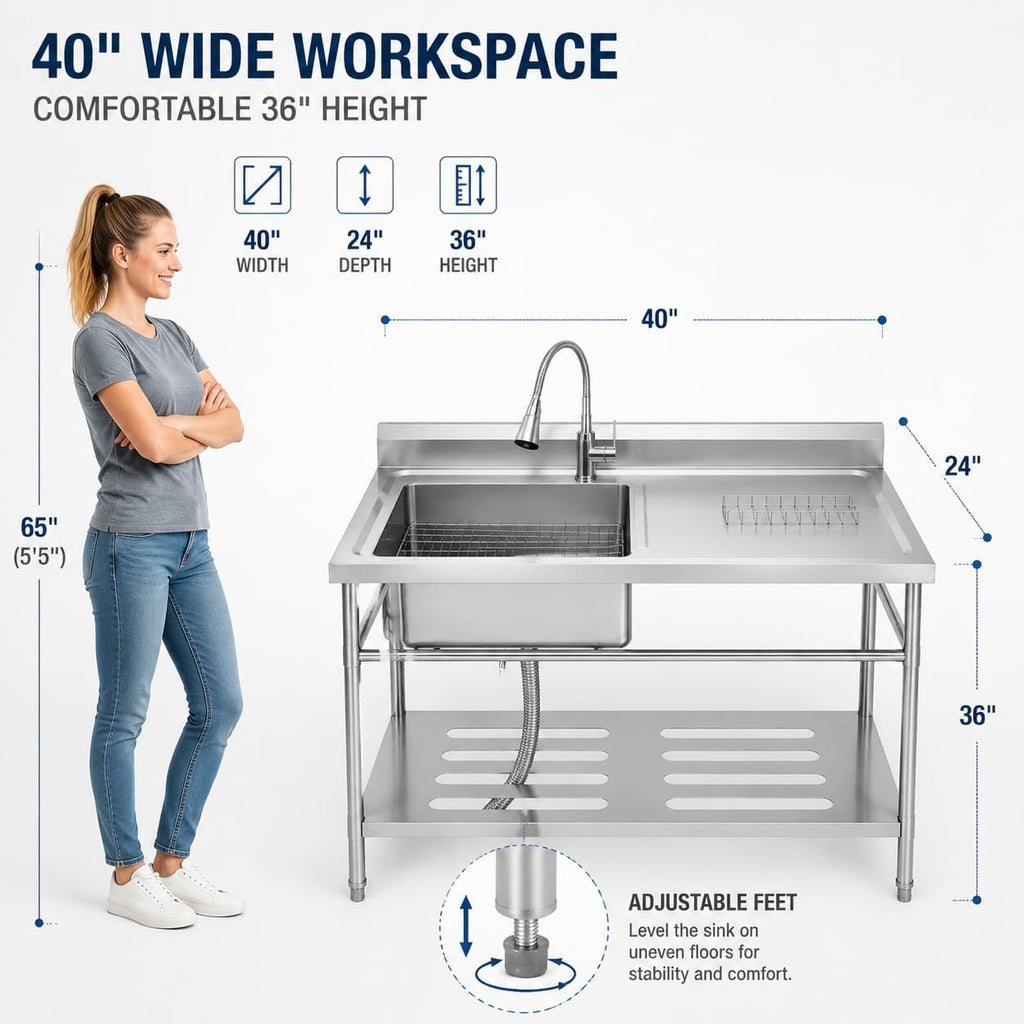 Utility Sink, Stainless Steel Side Platform 40x24x36 Inch