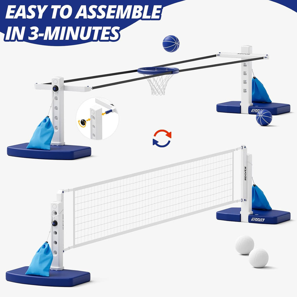 2 in 1 Pool Volleyball Net & Basketball Hoop Set | Adjustable Swimming Poolside Net for Inground Pool, Summer Outdoor