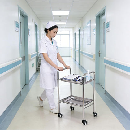 Stainless Steel 2-Tier Rolling Utility Cart with Locking Wheels, Multi-Purpose Service Trolley for Hotel, Office
