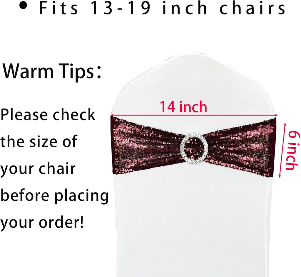 Sequin Chair Sashes 6 Pack - High Elasticity Spandex Stretch Chair Bows with Buckle for Wedding, Party, Banquet Decor