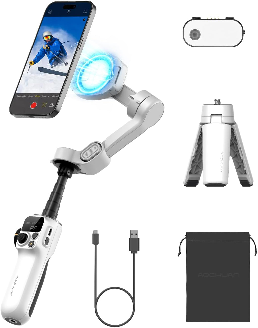 3-Axis Phone Gimbal for iPhone, Gimbal Stabilizer with AI Auto 360°Pan Tracking, Built-in Extension Rod, Fill Light