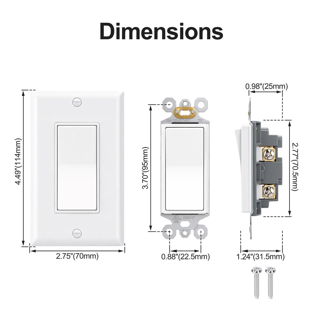 BAOMAIN Single Pole Decorator Paddle Light Switch,15A, Glossy White, 2 Pack