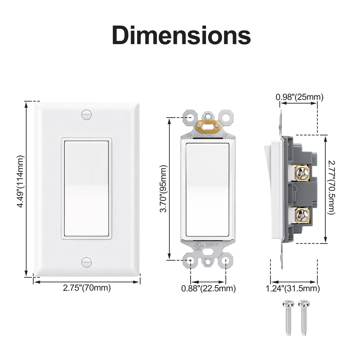 BAOMAIN Single Pole Decorator Paddle Light Switch,15A, Glossy White, 2 Pack