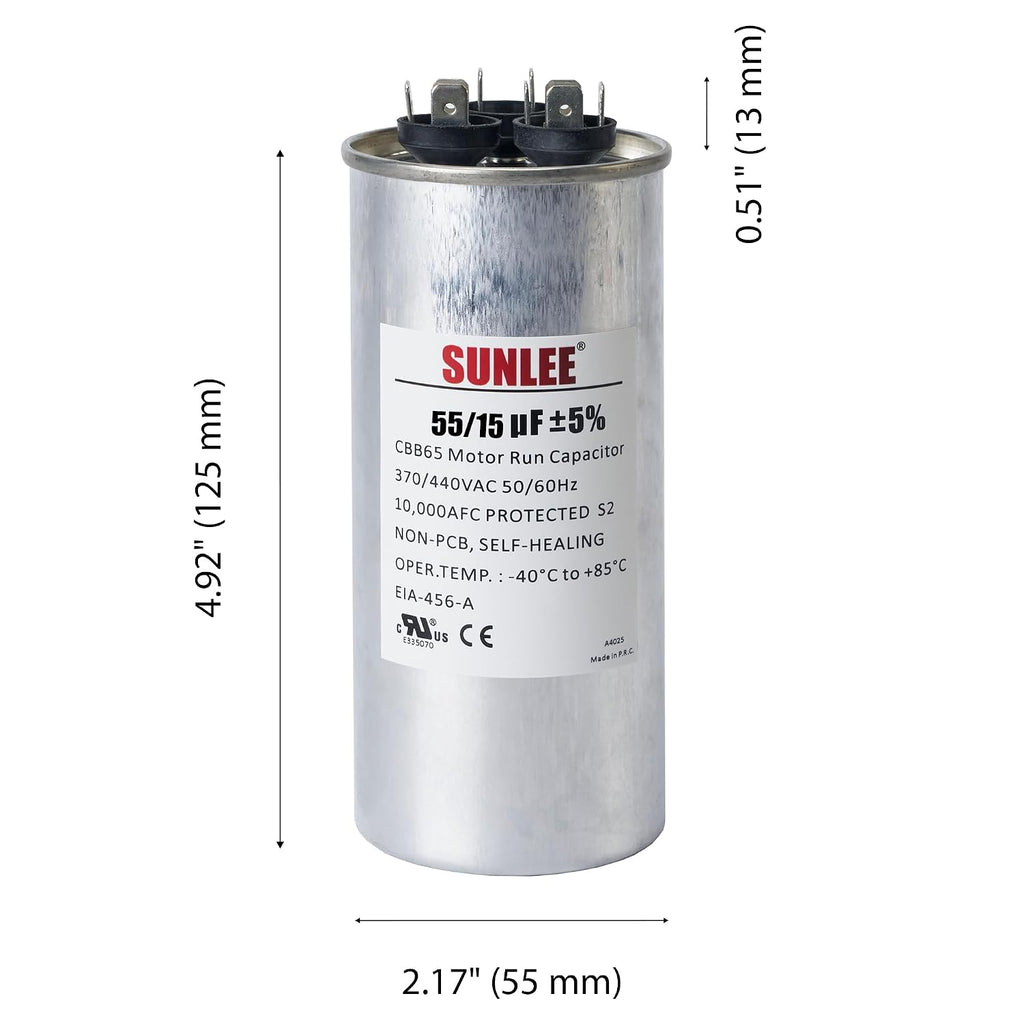 SUNLEE AC Capacitor 55/15 uF 370V / 440V CBB65 Dual Run Round - 55/15 MFD Run Capacitor for HVAC, Air Conditioner Condenser - UL Recognized & 5 Year Warranty
