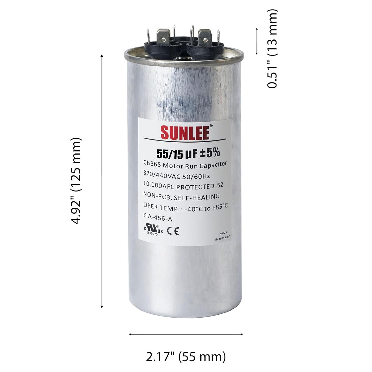 SUNLEE AC Capacitor 55/15 uF 370V / 440V CBB65 Dual Run Round - 55/15 MFD Run Capacitor for HVAC, Air Conditioner Condenser - UL Recognized & 5 Year Warranty