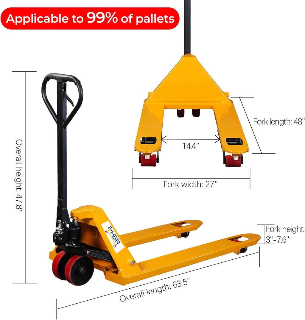 Leak-Proof Pallet Jack, 5500 lbs Load Capacity, Manual Pallet Truck with 48L x 27W Inch Forks for Material Handling