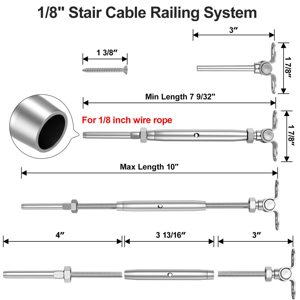 20 Pairs 1/8" Cable Railing Kit Swage Toggle Turnbuckle Hardware