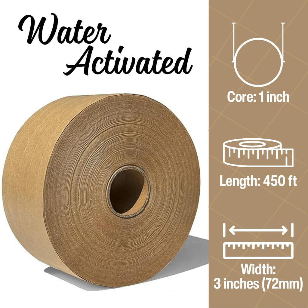 3" x 450 Feet Reinforced Water Activated Gummed Kraft Paper Tape (6-Pack, 2700FT Total) for Heavy Duty Secure Packing