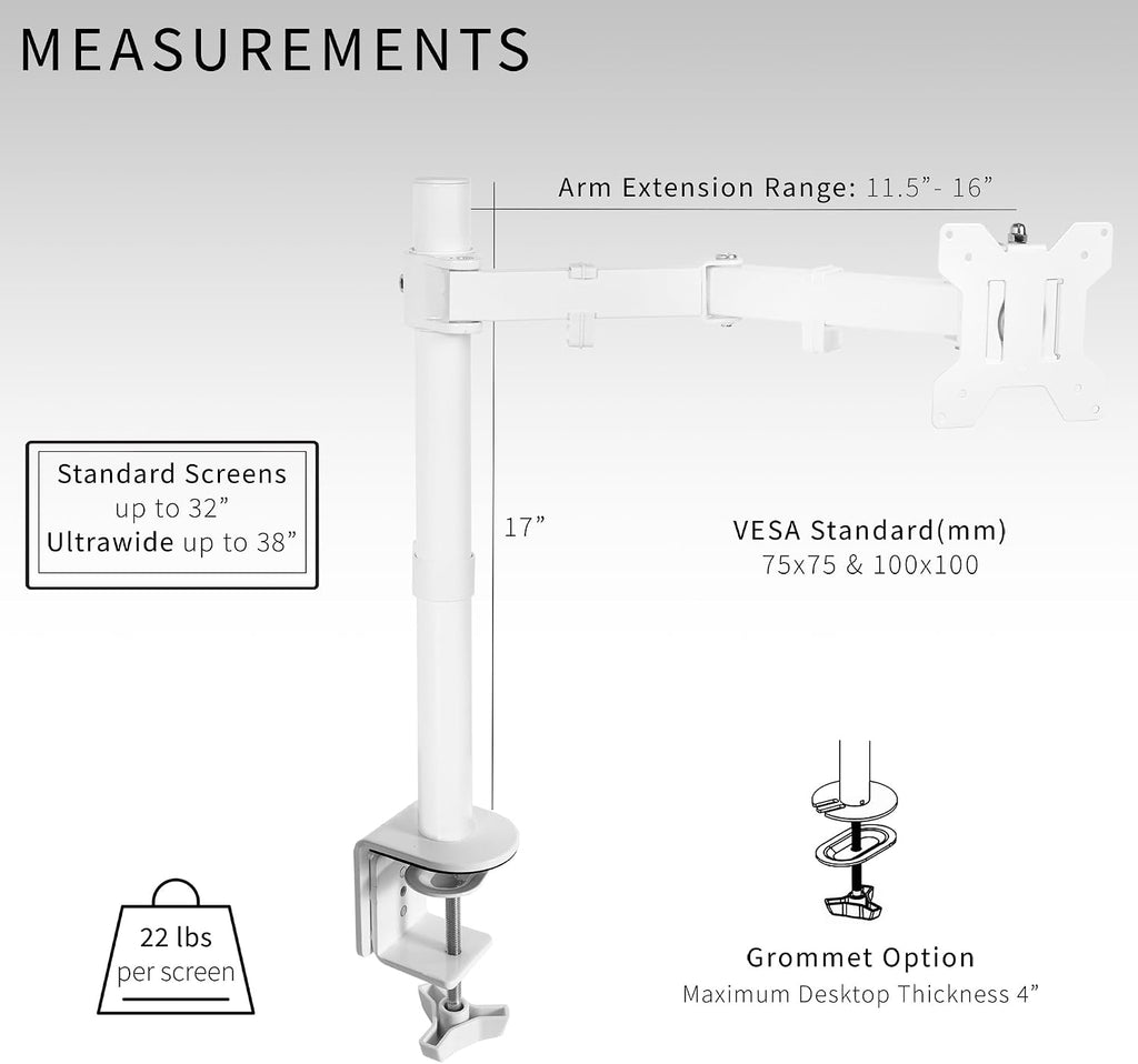 Single Monitor Arm Desk Mount, Holds Screens up to 32 inch Regular and 38 inch Ultrawide, Fully Adjustable Stand with