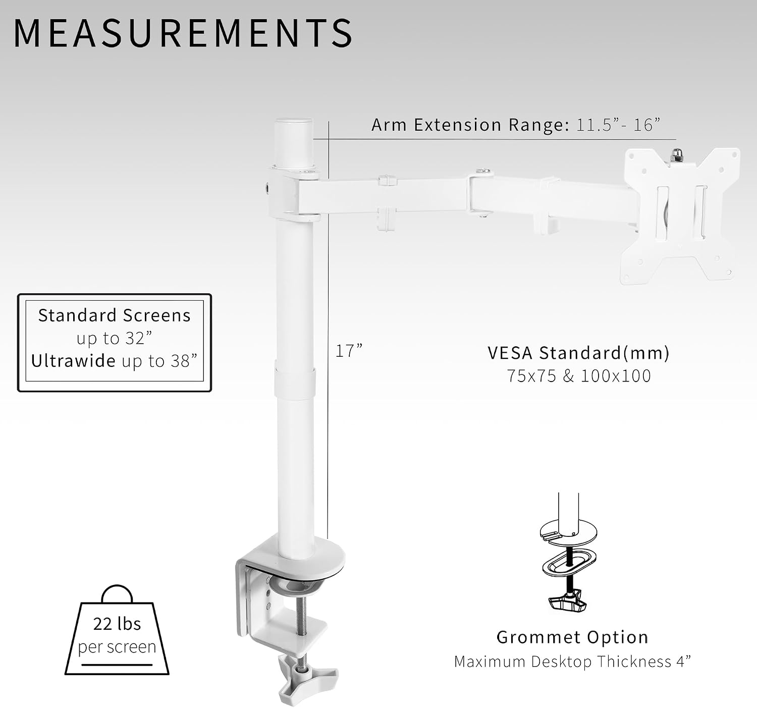 Single Monitor Arm Desk Mount, Holds Screens up to 32 inch Regular and 38 inch Ultrawide, Fully Adjustable Stand with