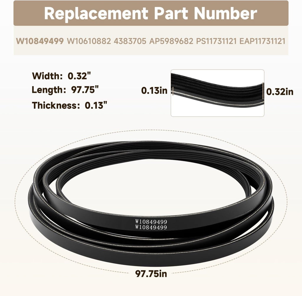 Dryer Drive Belt Compatible with Whirlpool Kenmore Maytag WED WGD YME 7MM Series YWED8500DC YWED8000DW WED8000DW4 Replace#: W10849499 W10610882 4383705 AP5989682