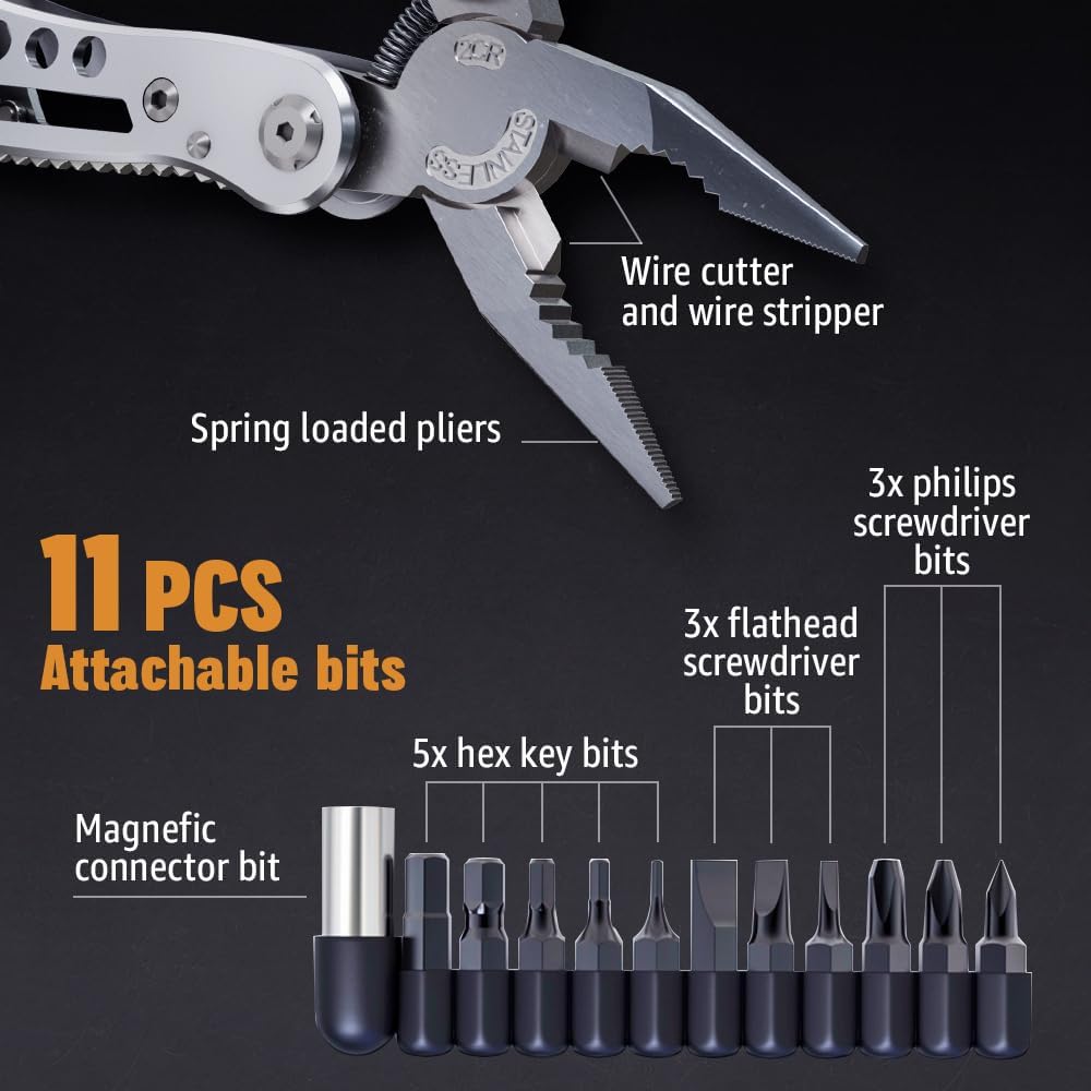 24-in-1 Multitool with Knife, Pliers & 11 Bits Sharp Stainless Steel - Multi Tool for Men - Ideal Gear with Tools for