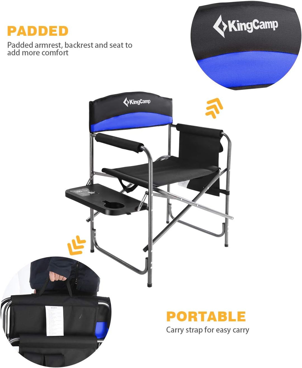 Portable Camping Chair, Folding Directors Chair Compact Outdoor Chair with Side Table Cup Holder for Beach Trip
