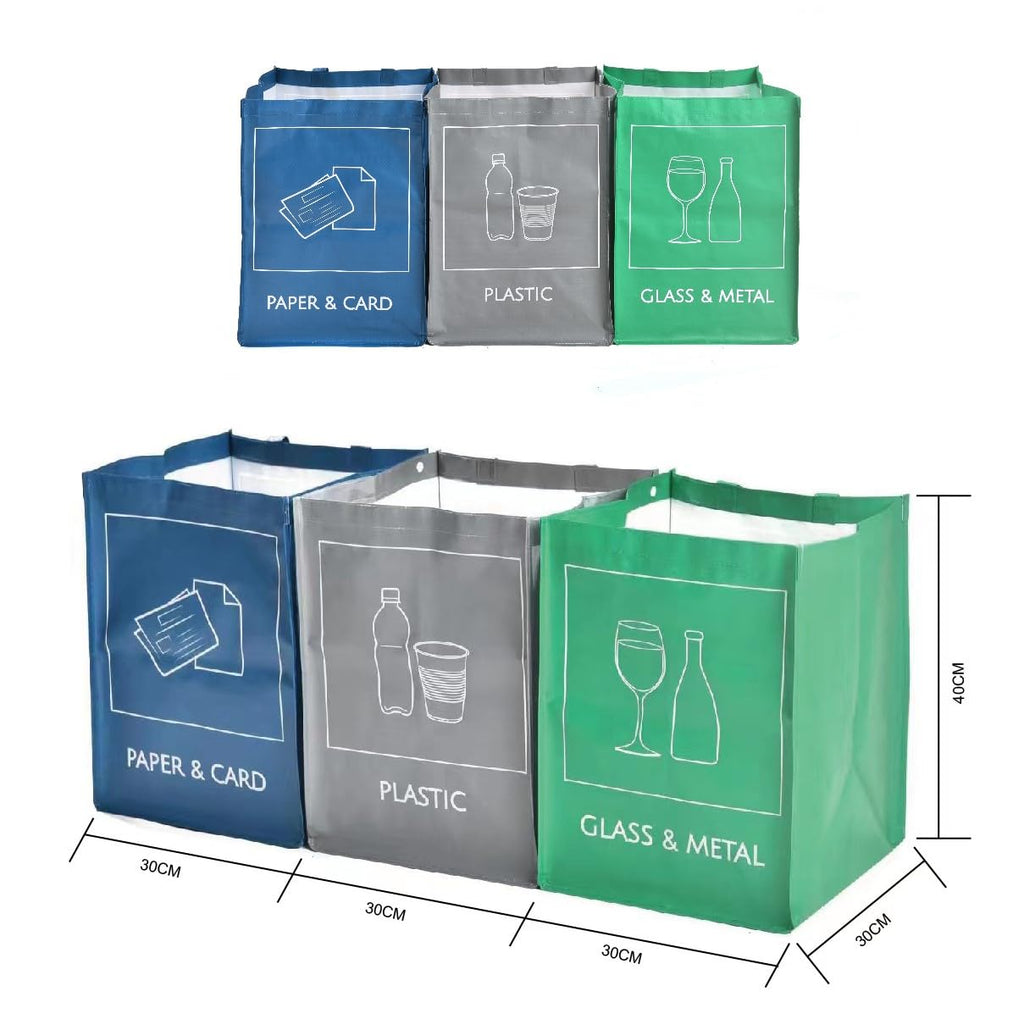 Reusable Recycling Bin Bags, 3-Pack Indoor and Outdoor Separate Waste Sorting Organizer Compartment Container