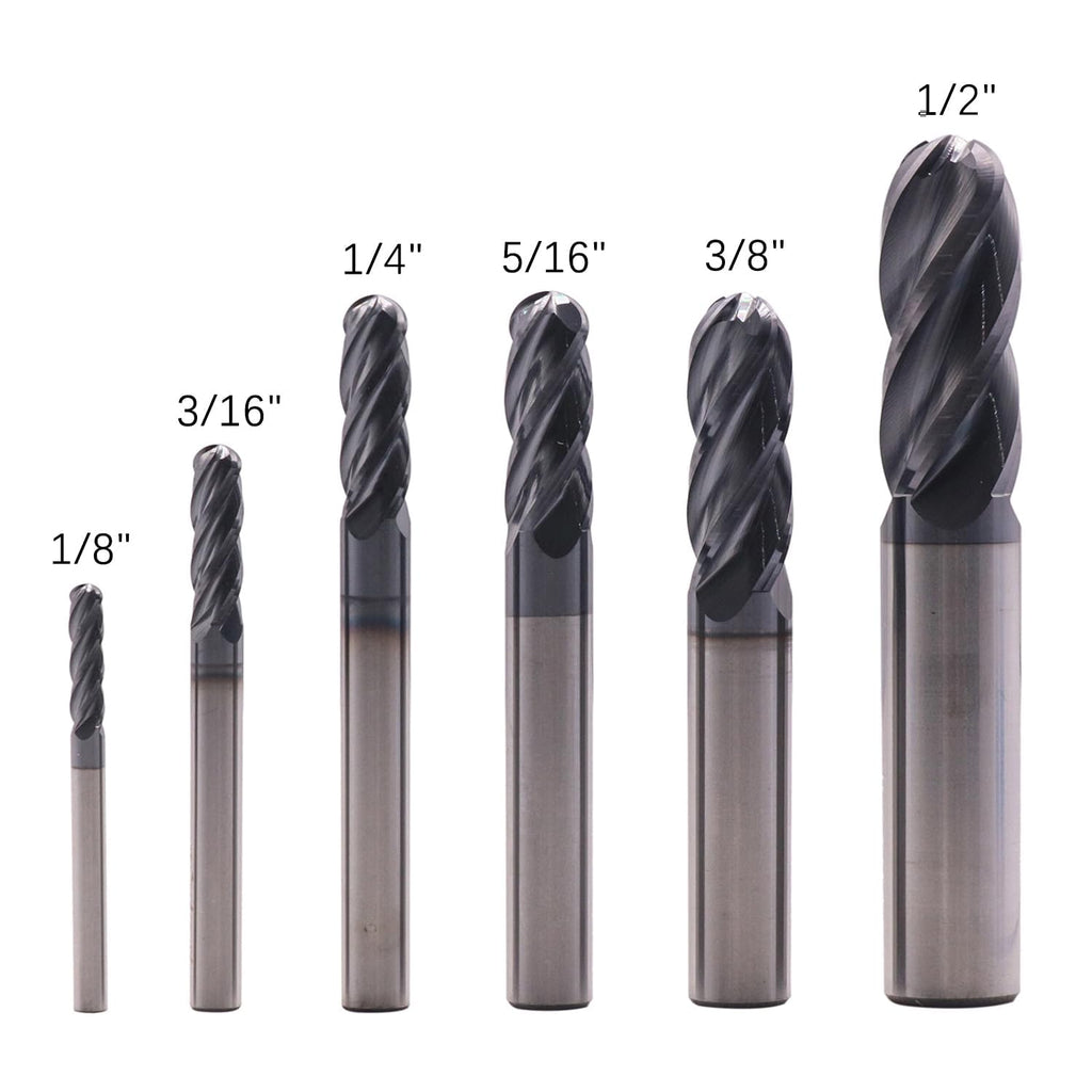 6Pcs 1/8"-1/2" 4 Flute Solid Carbide Ball Nose End Mills Set - AlTiN Coated