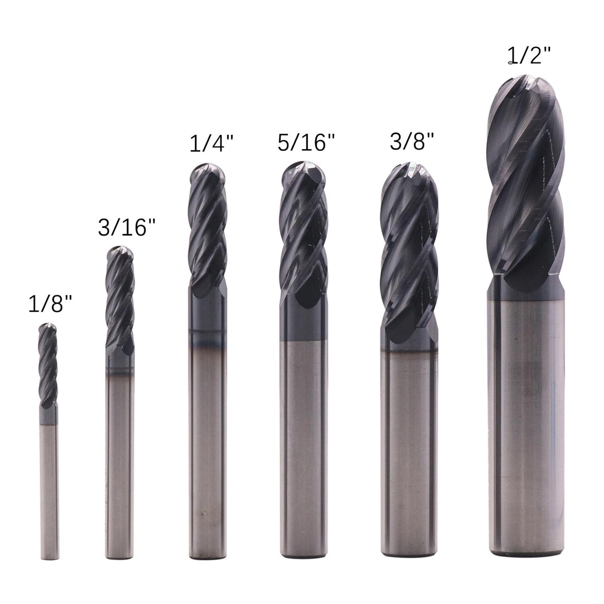 6Pcs 1/8"-1/2" 4 Flute Solid Carbide Ball Nose End Mills Set - AlTiN Coated