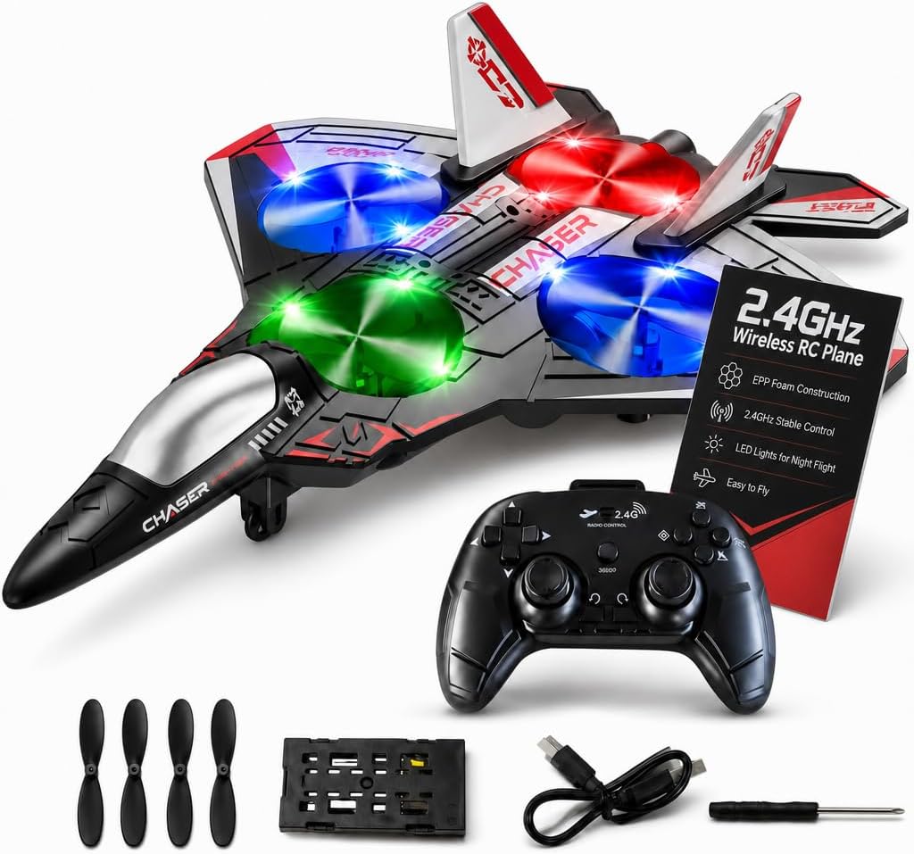 Foam RC Airplane for Kids, Adults and Beginners - LED, 50M | One button flies it home, so a first-timer will not lose