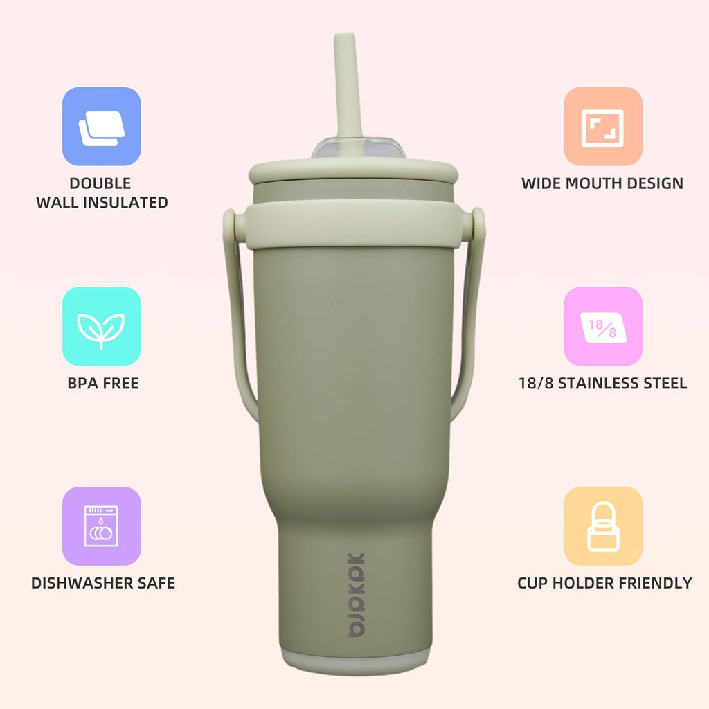 40 oz Insulated Water Bottle with Handle & Straw, Stainless Steel | Double Wall Vacuum, Leak Proof, Sweatproof, Wide