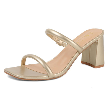 Women's Square Open Toe Heeled Sandals Two Strap Mules Slip On Block Chunky Mid Gold Heels Sandals