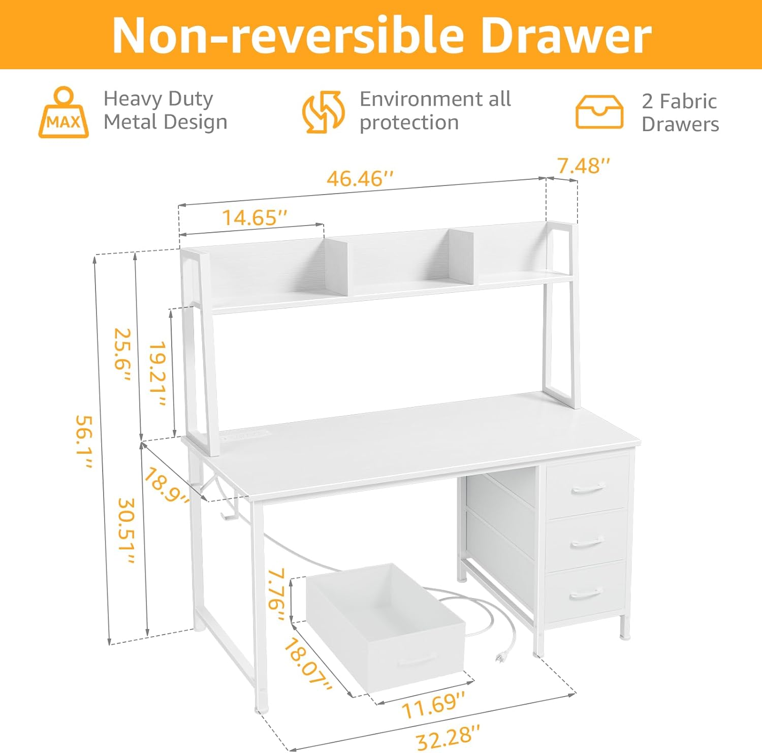 White Computer Desk with Hutch & Drawers - 47 Inch Modern Study Writing Office Desk with 3 Storage Drawers and Power