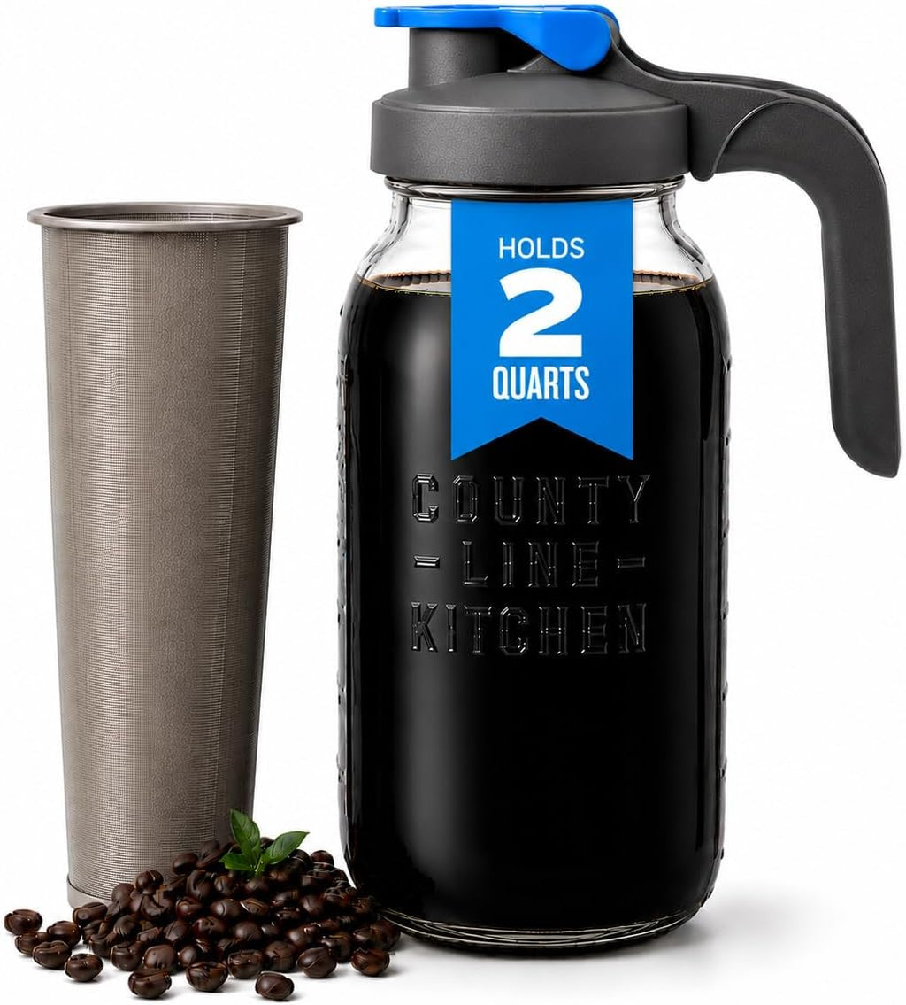 64oz Cold Brew Coffee Maker with Leak Proof Lid - Gray | Glass Cold Brew Coffee Maker - Wide Mouth Mason Jar