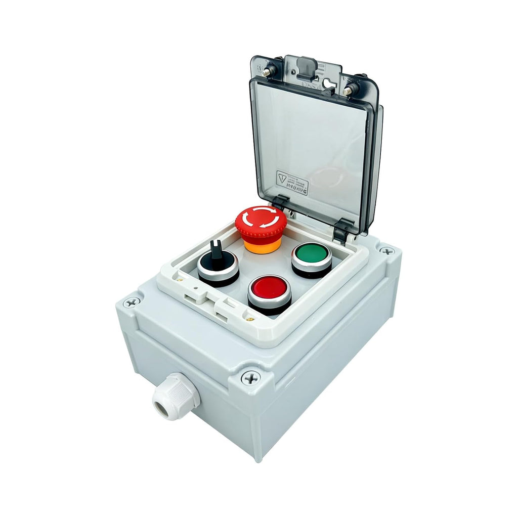 IP67 Efficient Waterproof Emergency Stop Button Box,22mm 4-Buttons Start Stop Control Station, Dustproof Anti-Misoperation Push Button Switch with Cover for Industrial Workshop Outdoor Use