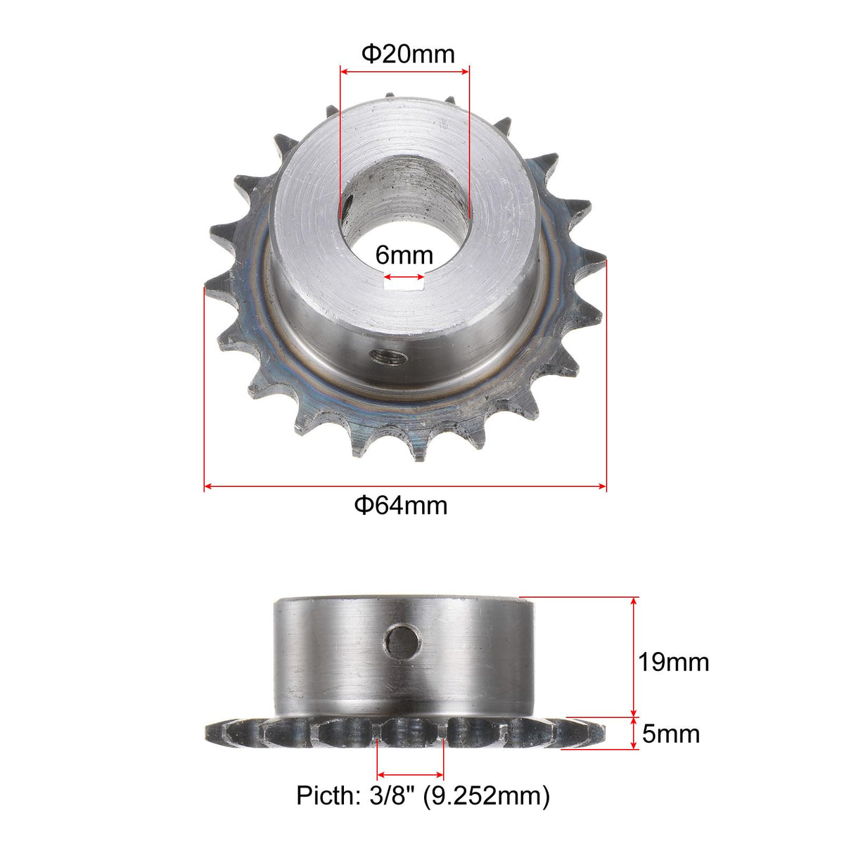 uxcell ISO/DIN 06B-1 Roller Chain Sprocket B Type 20mm Bore,3/8" Pitch