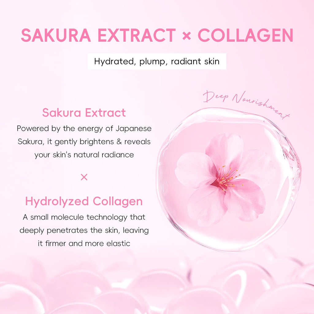 Sakura Collagen Skincare Set - 8-Piece Glass Skin Routine with Cleanser, Toner, Serum, Eye Cream, Moisturizer |