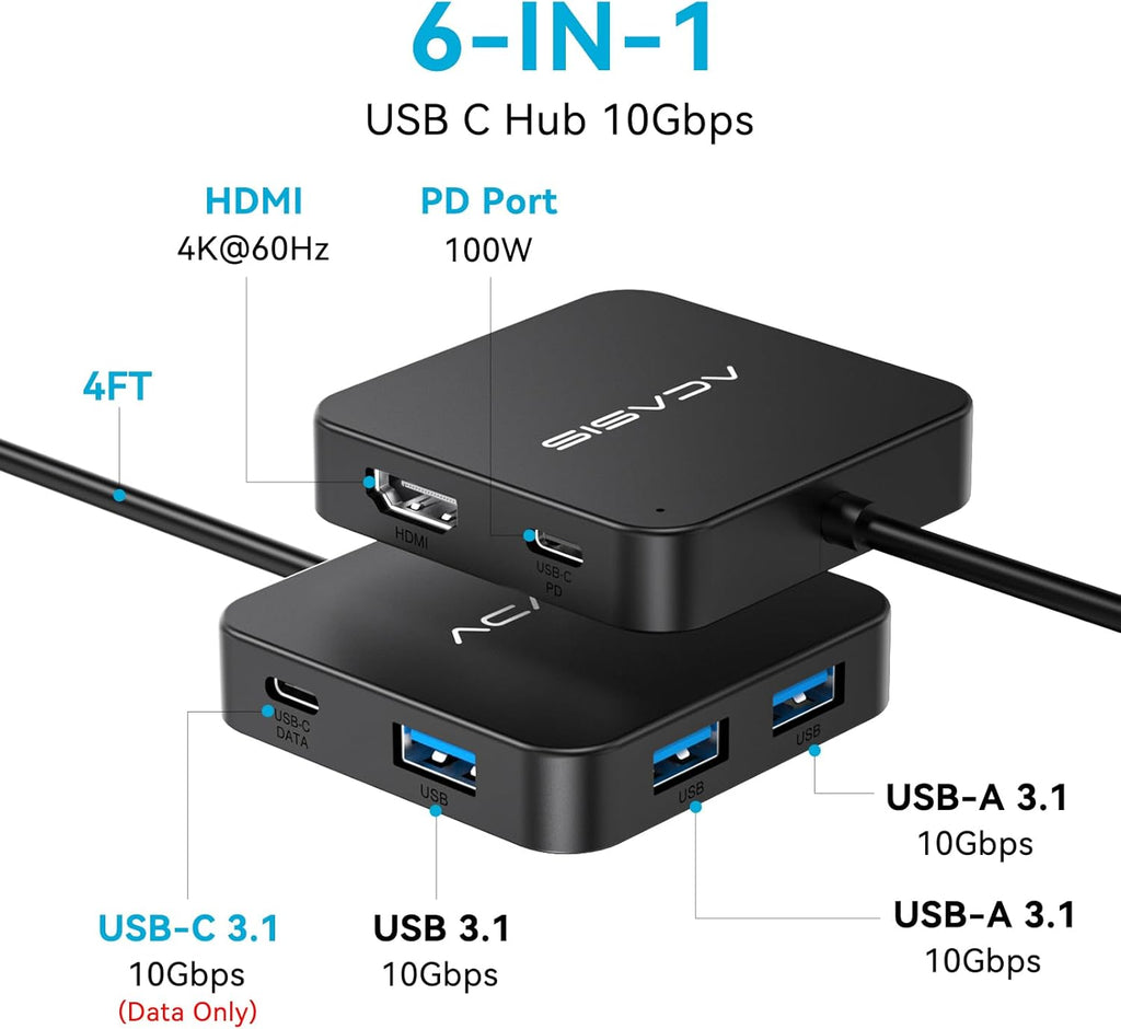 USB C Hub Long Cable 4FT 10Gbps, Multiport Adapter with 4K 60Hz HDMI, 100W Power Delivery, 3 USB A3.1+1 USB-C 3.1