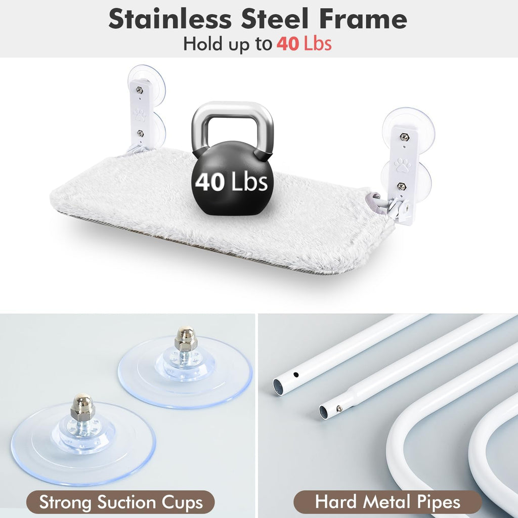 Cordless Cat Window Perch, Cat Hammock for Wall with 4 Suction Cups, Anchor&Screw for Two Ways of Installation, Solid