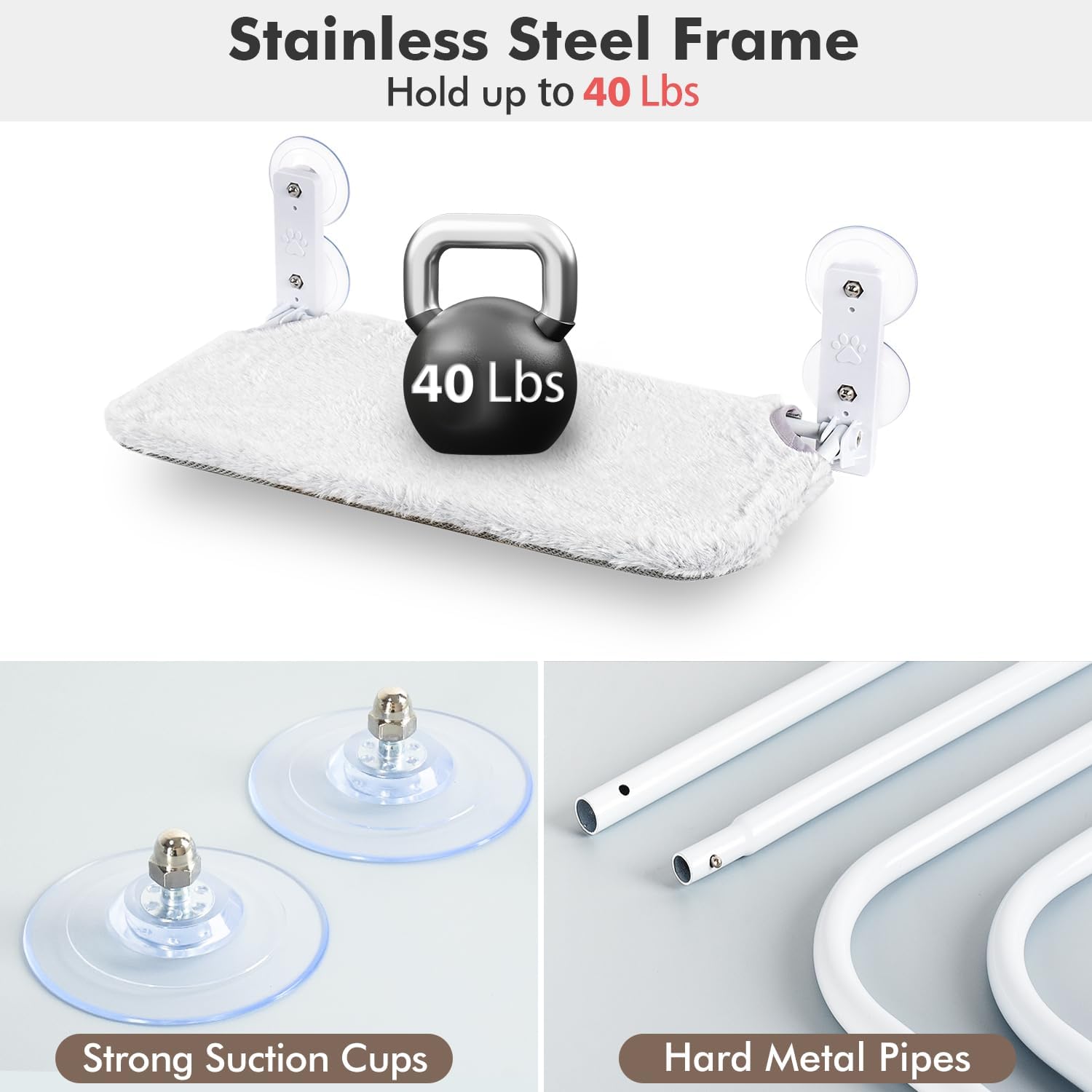 Cordless Cat Window Perch, Cat Hammock for Wall with 4 Suction Cups, Anchor&Screw for Two Ways of Installation, Solid