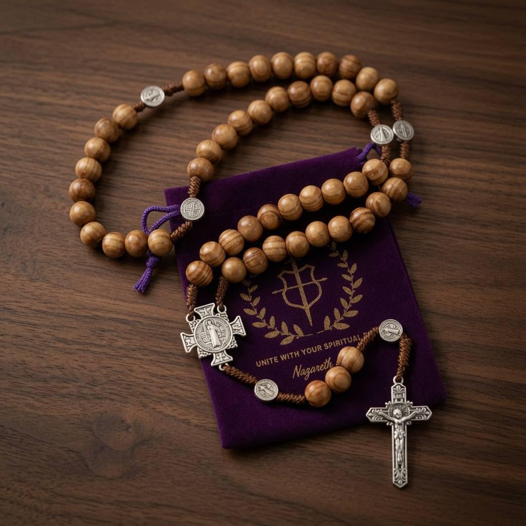 Nazareth Store Sacred St Benedict Wood Beads Rosary Solid Wooden Prayer Chaplet with Cross Saint Medal & Silver Jesus