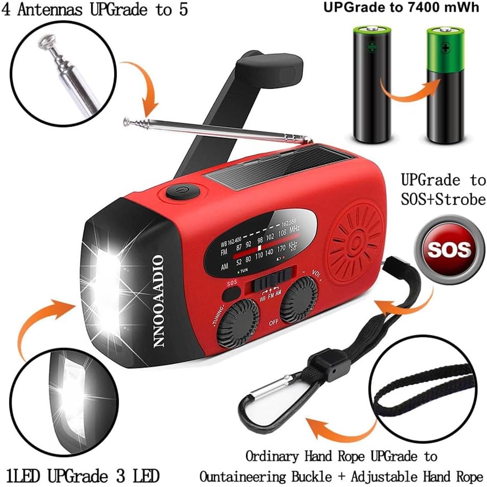 2000mAh SOS Alarm Emergency AM FM Weather Radio, 3LED Type-C Hand Crank Solar Battery Operated Portable Wind Up Radio