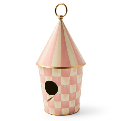 Metal Birdhouse, Pink-and-White Rosy Check