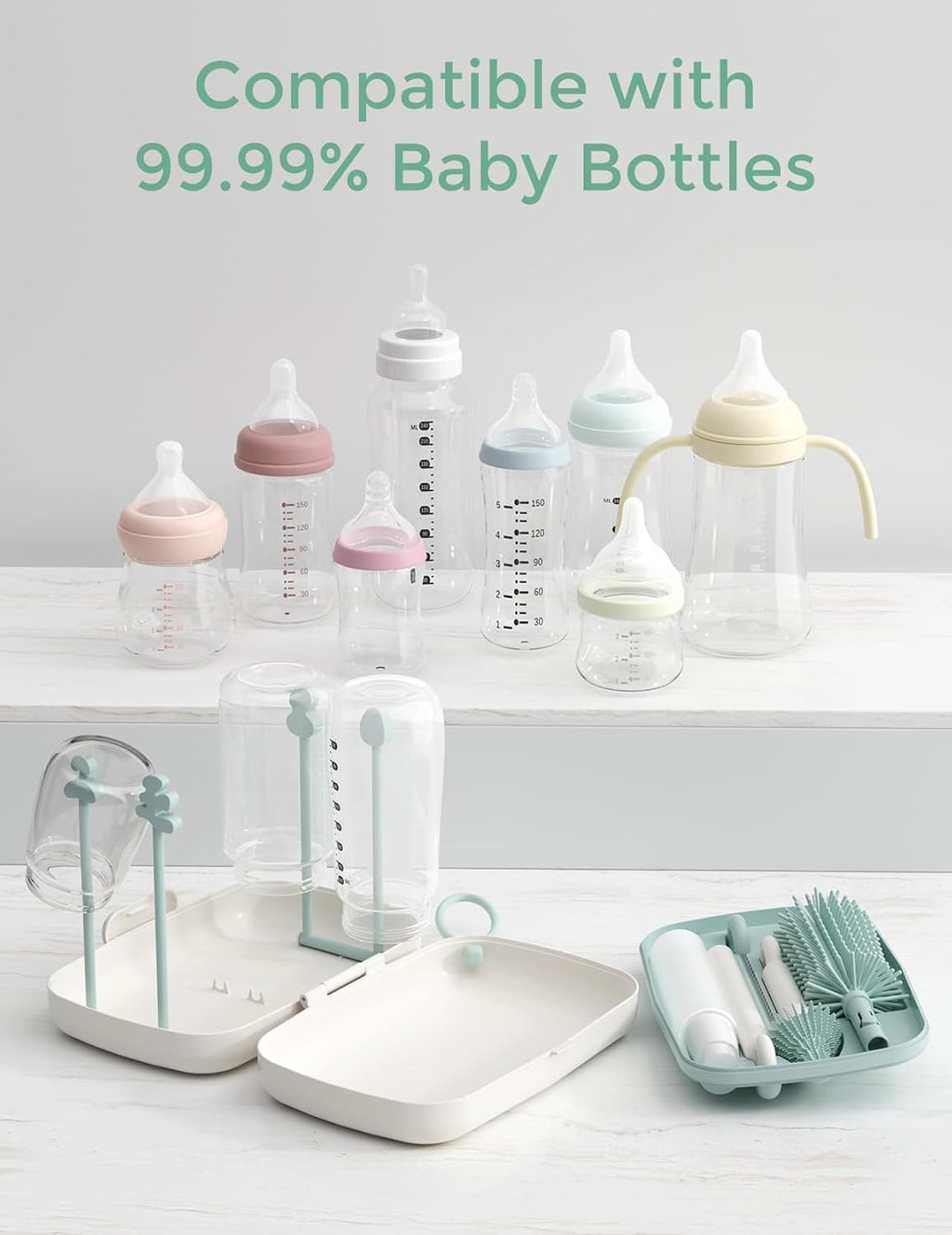 Bottle Brush Set - Baby Bottle Cleaner Kit with Silicone Brush, Nipple Brush, Straw Brush, Soap Dispenser, Drying