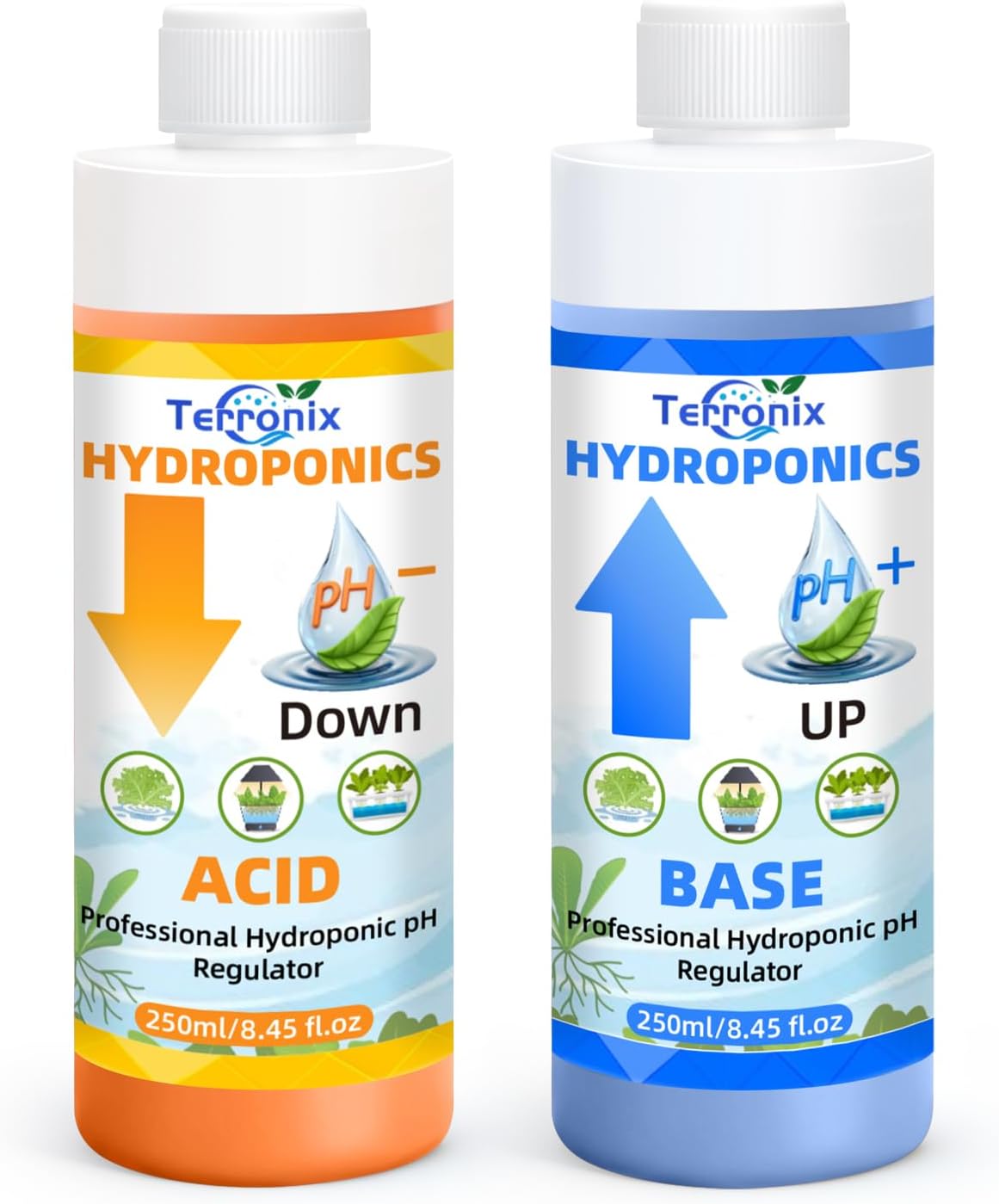 pH Down & pH Up for Hydroponics, pH Control Kit for Hydroponic Nutrients – 250ml pH Down and 250ml pH Up with 2×50ml