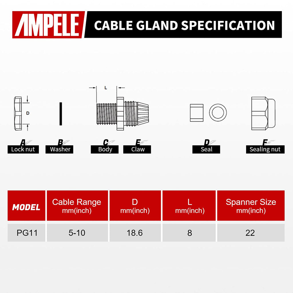 AMPELE Cable Gland 20 Pack PG11 Waterproof Adjustable 5-10mm Nylon Cable Glands with Gaskets, Black(PG11)