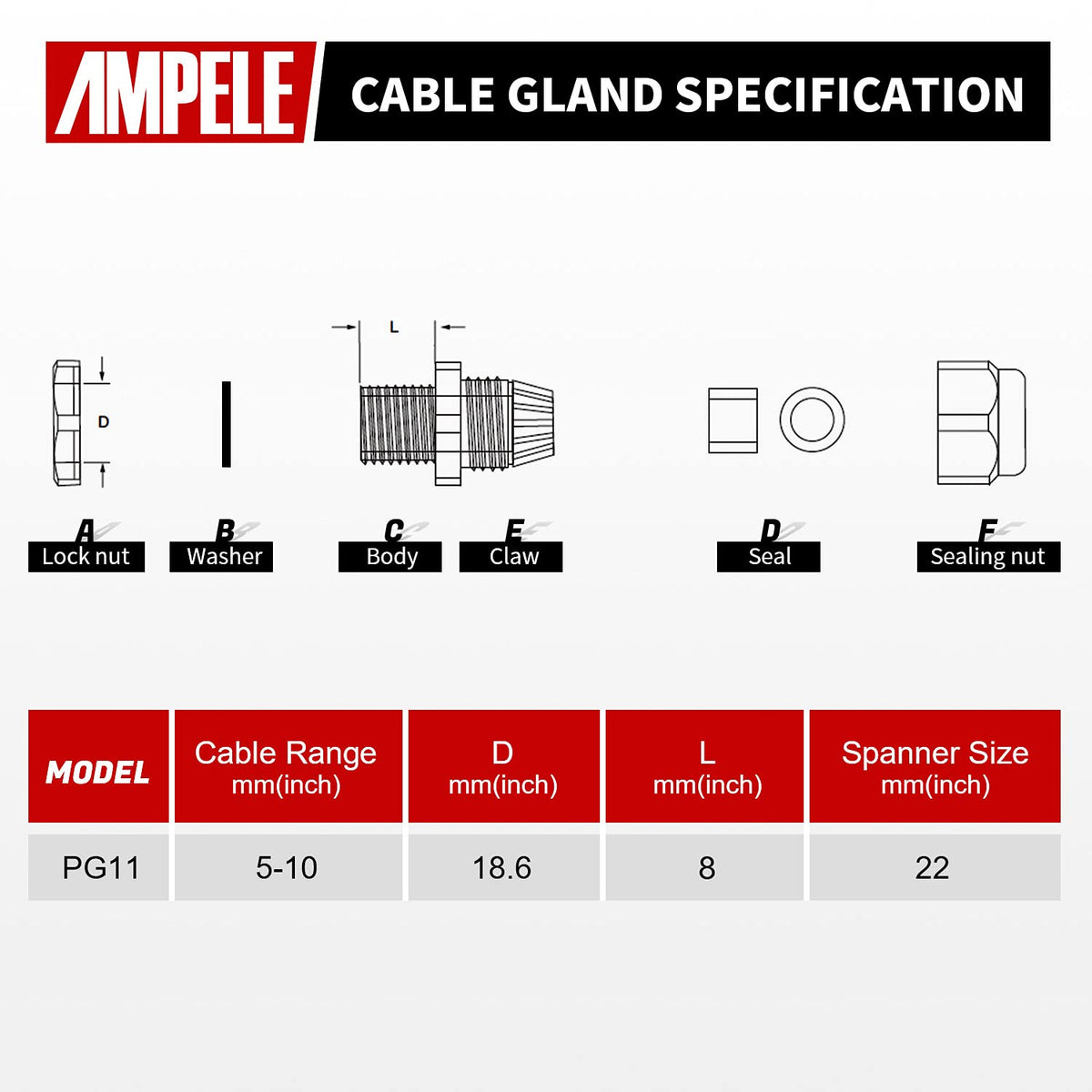 AMPELE Cable Gland 20 Pack PG11 Waterproof Adjustable 5-10mm Nylon Cable Glands with Gaskets, Black(PG11)