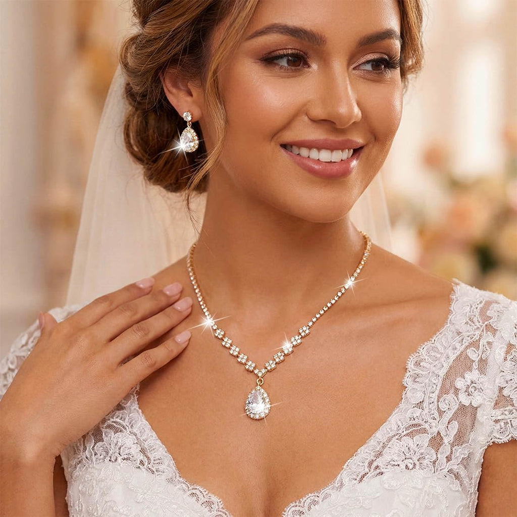 Bride Crystal Necklace Earrings Set Bridal Wedding Jewelry Sets Rhinestone Choker Necklace Prom Costume Jewelry Set
